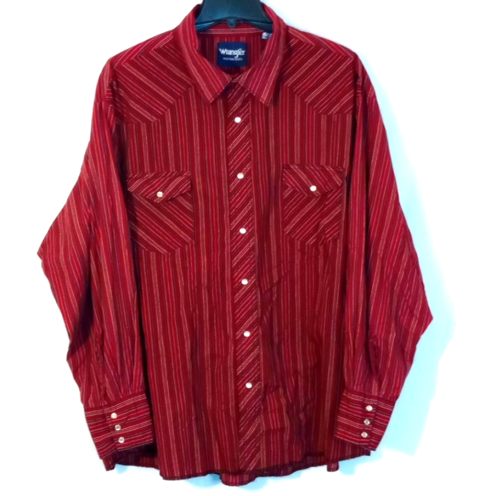 Wrangler Red With Pin Stripes Casual Pearl Snap Western Button Down Shirt 3XL